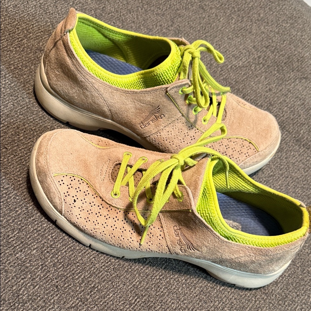Dansko Suede Beige and Neon Green Sneakers